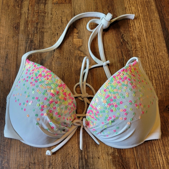Victoria's Secret White Multicolor Sequin Padded Bikini Top - Picture 1 of 4